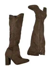 Top Moda Whisky brown faux suede tall boots block heel side zip closure size 6.5