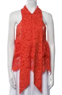 Ganni Printed Halterneck Blouse Coral Lace Bow Tie Size M