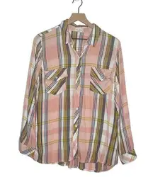 Maison Jules  Button Down Shirt Women's SZ XL Peach Plaid Pockets Utility Western