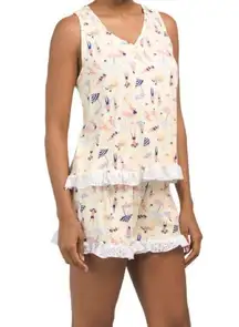 PJ Couture Pajamas set shorts tank top ruffle beach print butter lace crochet