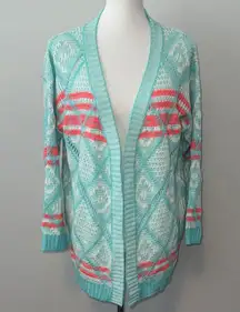 Rolypoly Aqua and Coral Aztec Patterned Open Front Knit Cardigan Women's M