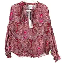 Finley Morrisey Top Womens M Ruby Red Paisley Print Split Neck Peasant Blouse