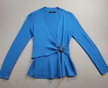 Zozo Womens Sweater Size S Blue Wrap Cross Over V-neck Knit Long Sleeve Stretch