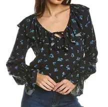 New  Floral Ruffle V-Neck Long Sleeve Blouse Black Blue Size Medium