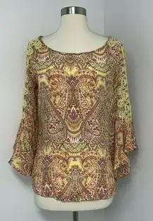 Sharagano Womens Shirt Size Small Yellow Pink Orange Geometric Print Top Crochet