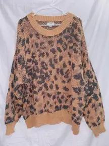 Aerie Brown Leopard Print Crew Neck Oversized Chunky Knit Sweater size XL