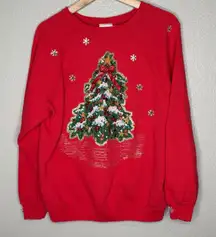 VTG 90s Handmade Christmas Tree Sweatshirt Women L Hanes USA Holiday Cozy Sequin
