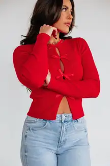 Red Long Sleeve Bow Top