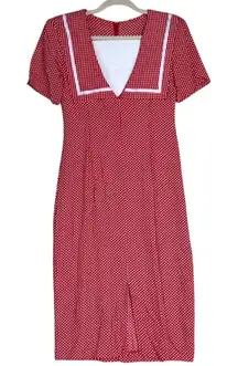 Vtg ejm Petites Women's Dress Sz 4P 80s Sailor‎ Collar Red Polka Dot Midi