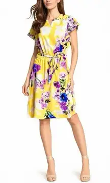 CHRISTOPHER & BANKS Dress Yellow Violet Floral Short Sleeve Knee Length Sz Small