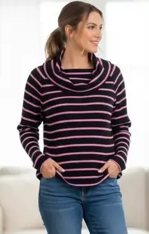 Talbots Navy Blue & Pink Striped Waffle Knit Cowl Neck Long Sleeve Top