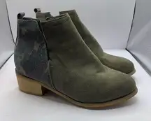 Corkys Boutique Ankle shield Boots Women’s 7 Booties Camo Green Suede Wood Heel