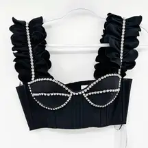 AREA Crystal Embellished Ruffle Bustier Top in Black Size 4 NWT