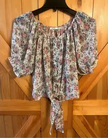 Poetry Women’s Sheer Button Up Tie Front Short Sleeve Blouse Floral Small (1557)