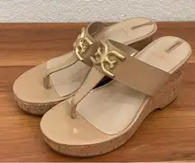 SAM EDELMAN Yardlie Almond Tan Patent Cork Wedge Platform Sandals Size 6