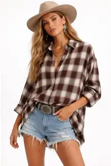 Max Studio Womens Plaid Shacket Shirt Small Brown Casual Flannel Buttons Size L