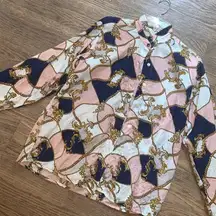 Silk vintage button up chain print 90s blue pink gold boho preppy classic