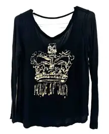 Juicy Couture Size Medium Shirt Black Graphic Print Crown Open‎ Back Long Sleeve