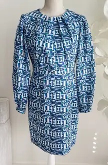 Toccin Blue Geometric Pattern Lantern Sleeve Shift Mini Dress