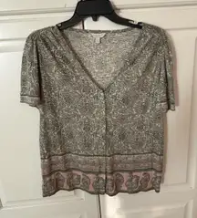 Lucky Brand Women's Size S/P Green Floral Button Front Short Sleeve Top