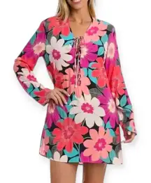 La Blanca NWT Floral Print Long Sleeve Tunic‎ Swim Cover-Up Lace Up- Size S