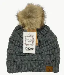 NWT C.C Women's Solid Chunky Knit Beanie With Fur Pom Pom, Dark Melange Grey