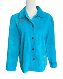 Vintage Genuine Suede Leather Turquoise Southwestern Jacket Chicos Sz 1