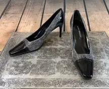 Sesto Meucci Gray & Black Patent Leather & Shiny Fabric Heels Size 7.5