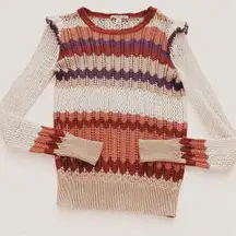 Autumn Cashmere Crochet Knit Sweater S | Boho Ruffle Retro Zig Zag