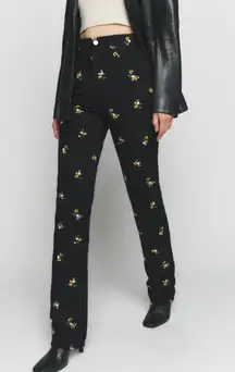 NEW Reformation Cynthia High Rise Straight Long Floral Jeans in Black Si…