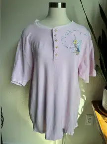 Vintage Disney Tinker Bell Waffle Knit Henley Tee Shirt Pink L‎ short sleeve