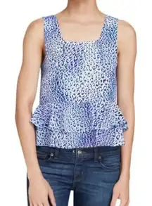 REBECCA TAYLOR Blue Crush‎ Leopard Fever Ruffle Hem 100% Silk Top Size 0