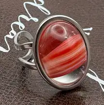 Vintage West German Glass Ring – Coral Red Stripe Cabochon, Adjustable