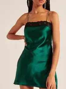 Green and black lace satin slip mini dress 