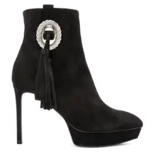 Saint Laurent Janis Concho Black Suede Ankle Boots Size 37 Platform Tassel
