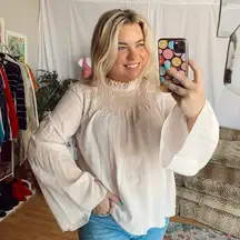 anthropologie love sam pink beaded mock neck blouse