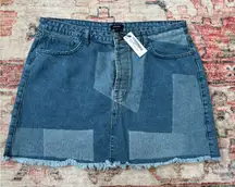 Nasty Gal Blue Denim Patch Print Raw Hem Micro‎ Mini Skirt