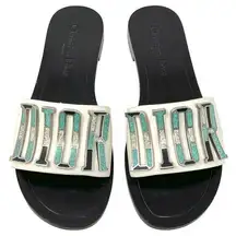 Christian Dior Dior Diorevolution Beige Leather Turquoise Stone Logo Flat Sandals Slides