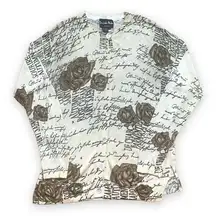 Vintage 90s Cardigan Sweater Fitted Knit Oatmeal Gold Metallic Dark Floral