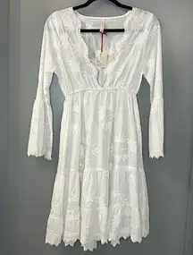 NWT RAGA Jaya Dress White Embroidered Floral Mini Dress Bell Sleeves Size S