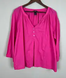 H&M Top Womens 14 Pink 3/4 Sleeve Solid Relaxed Fit‎ V-Neck Shirred Pullover