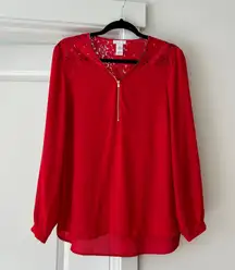 red Quarter Zip Blouse with lace details