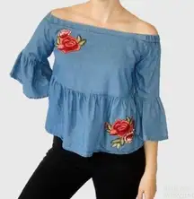 ANA A New Approach Denim Cotton Off Shoulder Floral Embroidered Top, Size medium