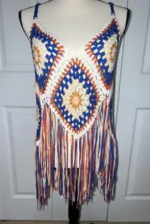 Rebellion Bohemian Hippie Crochet Fringe Cottagecore top‎ Blue, Orange, Large