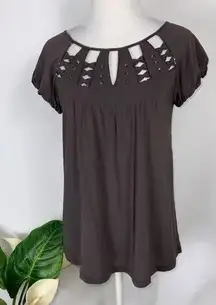 BCBGMAXAZRIA Brownish Gray Short Sleeve Top Bejeweled Cutouts XS