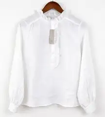 Boden White 100% Linen Ruffle Neck Blouse Button Front Long Sleeve 6 NWT