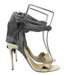 Christian Louboutin Du Desert 100mm Ankle Wrap Sandals Gold Striped Size 37.5