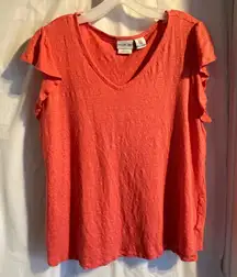 Rachel Zoe Womens Blouse Sz 1X 100% Linen‎ V Neck Pullover Coral Pink Breathable