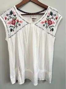 KNOX ROSE Womens Top L White Embroidered Floral V Neck Tunic Top Boho Summer