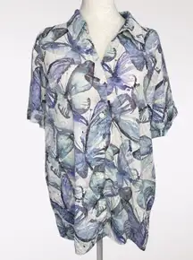Vintage Alfred Dunner Blue Purple Butterfly Blouse Button Front Short Sleeve Lg